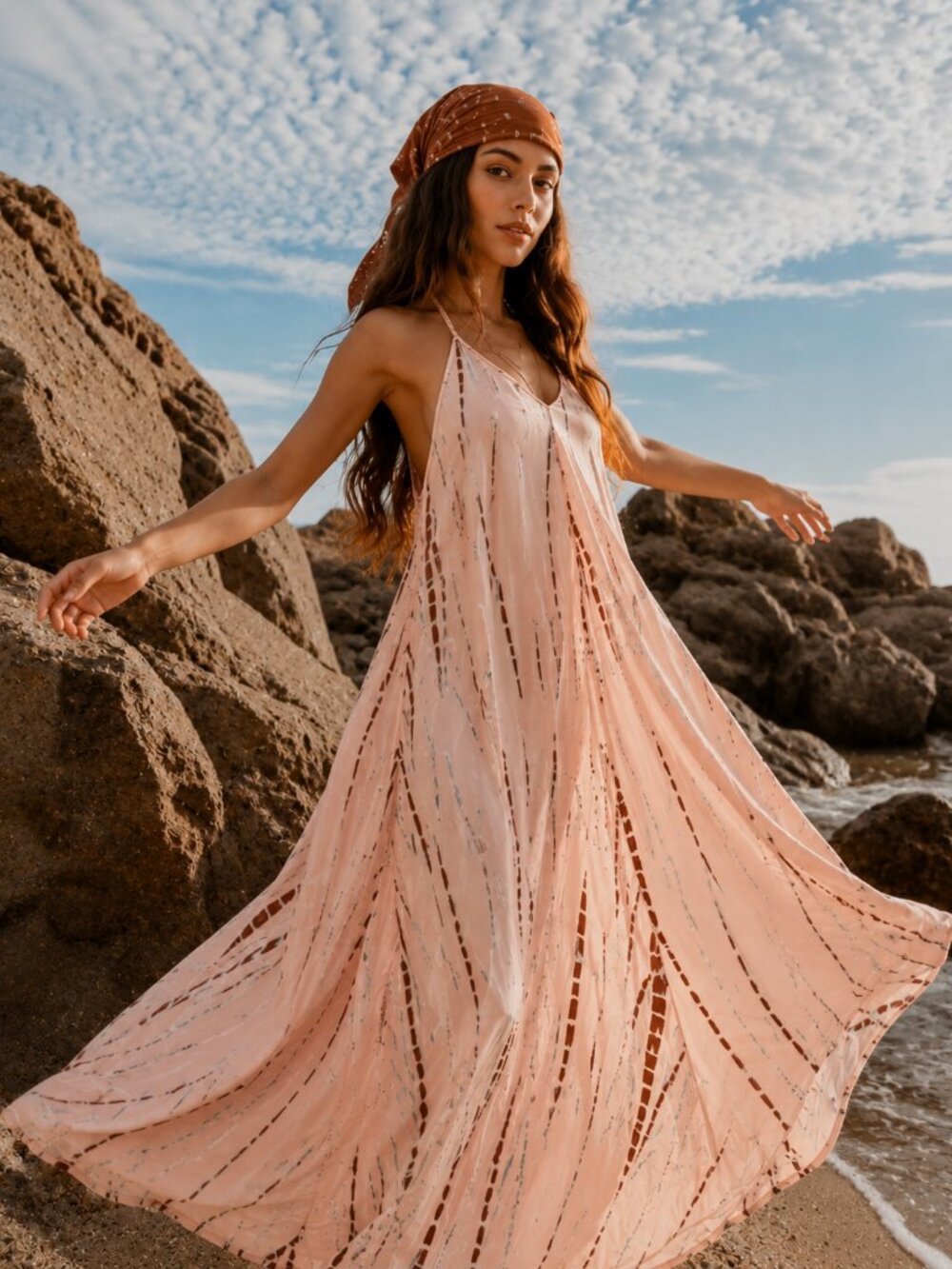 Boho Pink & Rust Tie Dye Flowy Maxi Dress Beach Resort Festival Goddess Sundress